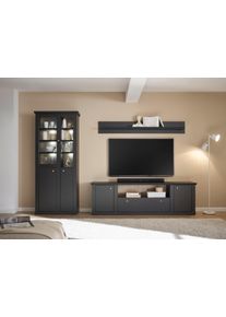 Wohnwand Home Affaire "Lincoln, moderne Anbauwand, Komplettset im Landhausstil", schwarz matt, B:301cm H:200cm T:42cm, FSC-zertifizierter Holzwerkstoff, Kastenm&ouml;bel-Sets, Wohnwand, enth&auml;lt Vitrine, Lowboard und Wandboard, 301 cm breit