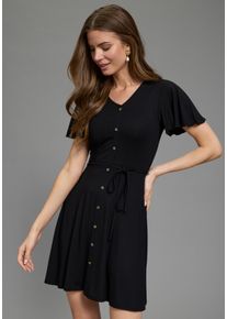 Sommerkleid Laura Scott, Damen, Gr. 48, N-Gr, schwarz, Single Jersey, Obermaterial: 95% Viskose, 5% Elasthan, unifarben, figurbetont mini, V-Ausschnitt, Fl&uuml;gel&auml;rmel, Kleider Sommerkleid, dekorative Knopfleiste, elastische Viskosemischung, mit V-Ausschnitt