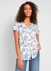 Kurzarmbluse bonprix, Damen, Gr. 38, wei&szlig; (wollwei&szlig;, indigo paisley), Web, Obermaterial: 100% Viskose, Paisley, bedruckt, regular fit Po-bedeckend, V-Ausschnitt, gerader Abschluss, Blusen Kurzarmbluse, leicht taillierte Passform, f&uuml;r warme Tage, aus Viskose, Topseller