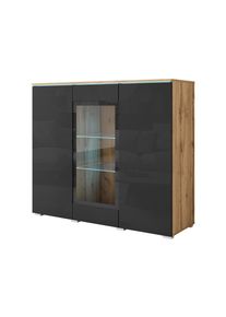 P & B , Schwarz, Eiche Wotan , Holzwerkstoff , 9 F&auml;cher , 120x103.3x39.5 cm , FSC , stehend, Beleuchtung , Kleinm&ouml;bel, Kommoden, Highboards