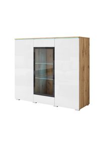 P & B , Eiche Wotan, Wei&szlig; Hochglanz , Holzwerkstoff , 9 F&auml;cher , 120x103.3x39.5 cm , FSC , stehend, Beleuchtung , Kleinm&ouml;bel, Kommoden, Highboards