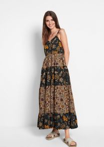 bonprix Maxikleid mit Volants, schwarz, Gr.56/58 (3XL), Bedrucktes Maxikleid mit Volants und V-Ausschnitt, aus 100% Baumwolle