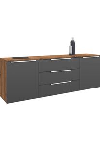borchardt M&ouml;bel Sideboard BORCHARDT M&Ouml;BEL "Oliva, h&auml;ngend oder stehend mit Metallgriffen", grau (vintage eiche, graphit matt), B:166cm H:53cm T:35cm, Spanplatte, Sideboards, Sideboard, Breite 166 oder 200cm, 2 T&uuml;ren 3 Schubf&auml;cher