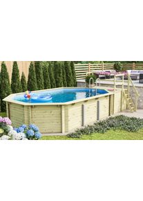 Achteckpool Karibu "PALMA Set C BxLxH: 358x569x124 cm, mit Sonnendeck und Eck-Terrasse", braun, B:358cm H:124cm L:569cm &Oslash;:569cm, Schwimmbecken, Achteckpool, 38 mm starkes kesseldruckimpr&auml;gniertes Fichtenholz
