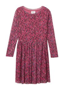 Meshkleid s.Oliver JUNIOR, M&auml;dchen, Gr. 98, N-Gr, Langarm, Web, pink (berry aop), Web, Obermaterial: 92% Polyester, 8% Elasthan. Futter: 95% Viskose, 5% Elasthan, normal knielang, Rundhals, Kleider Meshkleid, mit floralem Muster, langarm, f&uuml;r Girls