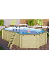 Achteckpool Karibu "PALMA Set A BxLxH: 358x569x124 cm", braun, B:358cm H:124cm L:569cm &Oslash;:569cm, Schwimmbecken, Achteckpool, 38 mm kesseldruckimpr&auml;gniertes Fichtenholz