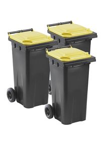 M&uuml;lltonnen DIN EN 840, VE 3 St&uuml;ck, Volumen 3 x 120 l Liter, anthrazit, Deckel gelb