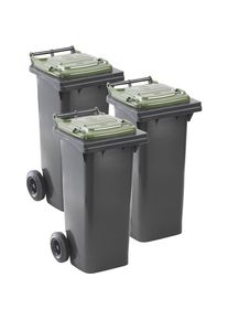 M&uuml;lltonnen DIN EN 840, VE 3 St&uuml;ck, Volumen 3 x 80 l Liter, anthrazit, Deckel gr&uuml;n