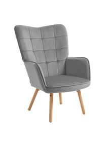 HOMCOM Grey Velvet Accent Chair Tufted Wingback Upholstered with Wood Legs Modern Lounge Sofa | Aosom Ireland