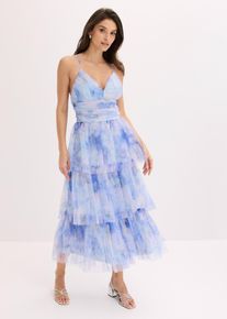 bonprix Femei Rochie midi din tul fin cu volane, albastru, 40