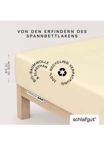 Spannbettlaken Schlafgut "PREMIUM Mako-Zwirn-Jersey, 220 g/m&sup2;, 95% Bio-Baumwolle, 5% Elasthan", gelb (gelb light), 1 Stk., Mako-Zwirn-Jersey, 90-100x190-220 30cm, Mako-Zwirn-Jersey, Obermaterial: 95% Baumwolle, 5% Elasthan, Bettlaken, Spannbettlaken, Bettlaken bis 30 cm H&ouml;he, PREMIUM-Qualit&auml;t langlebig, perfekter Sitz