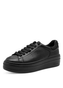 Plateausneaker Tamaris, Damen, Gr. 42, schwarz, Leder, Lederimitat, Textil, gl&auml;nzend, unifarben, Basic, Schuhe Plateausneaker, Schn&uuml;rschuh, Halbschuh mit Schmucksteinen an der Ferse, Damensneaker