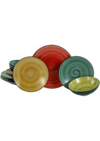 Teller-Set Creatable "Samoa, Teller Set 12-tlg", bunt, 12 Stk., Steinzeug, Geschirr-Sets, Teller-Set, Handgemalter Spiraldekor