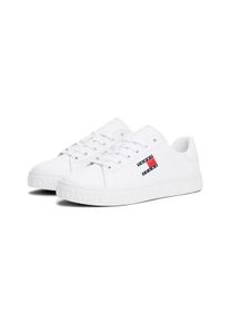 Plateausneaker Tommy Jeans "TJW LOGO OUTSOLE SNEAKER ESS", Damen, Gr. 38, wei&szlig;, Leder, Lederimitat, Schuhe Plateausneaker, Freizeitschuh, Halbschuh, Schn&uuml;rschuh mit seitlicher Logoflagge