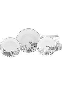 Teller-Set Creatable "Luna Black Flower, Teller Set 18-tlg", wei&szlig;, 18 Stk., Porzellan, Geschirr-Sets, Teller-Set, Harmonische Coupeform