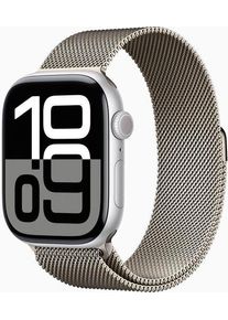 Apple Watch Series 10 Aluminium 46 mm (2024) | GPS + Cellular | silber | Milanaise Armband M/L | Natur