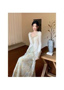 Women's Two Piece Set Ruffle Trim Knit Cardigan & Floral Print Maxi Skirt Elegant Fairy Style Outfit Spring Summer Casual Daily