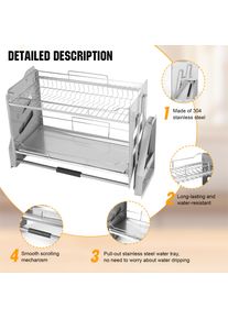 2-Tier Pull-down Storage Lift Cabinet Condiment Storage Basket 304 Stainless Steel 22-34 Inch Width for Snacks Bowls Plate