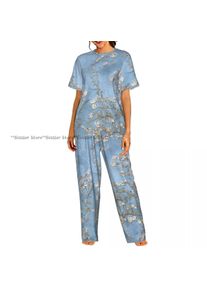 Women Pajama Sets Lounge Sleepwear Blue Cherry Blossoms Short Sleeve Nightwear