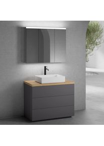 neoro n50 Meuble bas l : 100 cm, 3 tiroirs, vasque l : 58 cm blanc mat, avec armoire de toilette,, BN0065WM+BN0453GR+BN0403W1+BN0474MI,