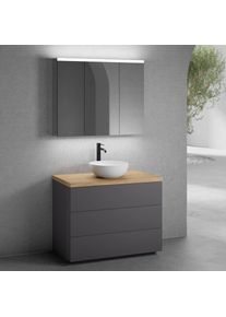 neoro n50 Meuble bas l : 100 cm, 3 tiroirs, vasque &Oslash; 40 cm blanc mat, avec armoire de toilette,, BN0064WM+BN0453GR+BN0403W1+BN0474MI,