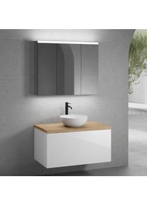 neoro n50 Meuble bas l : 100 cm, 1 tiroir, vasque &Oslash; 40 cm blanc mat, avec armoire de toilette,, BN0064WM+BN0433WH+BN0403W1+BN0474MI,