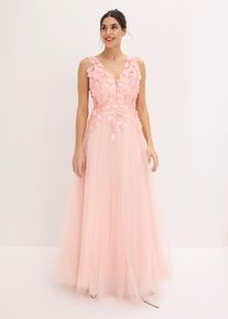bonprix Maxikleid aus zartem T&uuml;ll mit Blumen-Applikation, rosa, Gr.50, Romantisch und feminin: Bezauberndes Abendkleid in Maxi-L&auml;nge aus zartem T&uuml;ll mit Blumen-Applikation im Oberteil