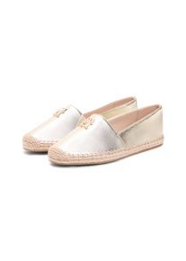 Espadrille Tommy Hilfiger "TH LOGO GOLD ESPADRILLE", Damen, Gr. 42, goldfarben, Leder, geflochten, unifarben, Schuhe Espadrille, Sommerschuh, Schlupfschuh mit edlem TH-Schmuckelement