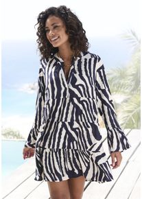 Strandkleid Lascana, Damen, Gr. 32/34, N-Gr, bunt (creme, graublau bedruckt), Web, Obermaterial: 100% Viskose, bedruckt, figurumspielend ca. Mitte Oberschenkel, Rundhals, Volant, Kleider Strandkleid, mit Alloverdruck, Tunika, Blusenkleid aus Viskose