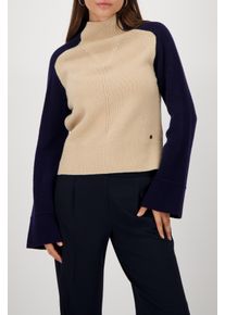Strickpullover monari "Pullover Colorblock", Damen, Gr. 36, beige (cinnamon), Strick, Obermaterial: 80% Wolle, 20% Polyamid, unifarben, regular fit taillenbedeckt, Rundhals, Raglan&auml;rmel gerader Abschluss, Pullover Strickpullover, Regular fit mit Rundhalsausschnitt mit Stehkragen