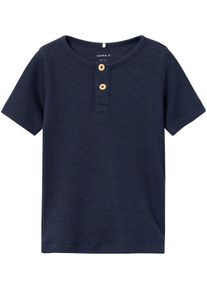 Kurzarmshirt name it "NMMKAB TOP NOOS", M&auml;dchen, Gr. 98, blau (schwarz sapphir), Feinripp, Obermaterial: 57% Baumwolle, 38% Modal, 5% Elasthan, unifarben, regular fit normal, Rundhals, abgesteppte Kante, Shirts Kurzarmshirt, Baumwollmischung, kurze Knopfleiste