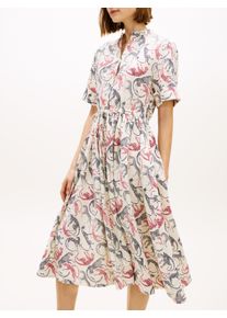 Sommerkleid Tommy Hilfiger "ESS LINEN SHORT SLEEVE SHIRT DRESS", Damen, Gr. XS (34), N-Gr, leopard baroque rwb, Web, Obermaterial: 100% Leinen, gemustert, tailliert wadenlang, Rundhals, mit Umschlag, Kleider Sommerkleid, in Midi-L&auml;nge, mit Taillen-Band zum Binden