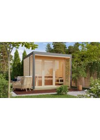Saunahaus Karibu "Adrian 3" naturbelassen-graualuminium", naturbelassen, Bio-Kombiofen, externe Steuerung, 400 kW, Saunen, Saunahaus, W&auml;nde aus nordischer Fichte, Stahlecken und Stahl-Dachabschluss