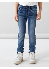Slim-fit-Jeans name it "NKMTHEO XSLIM SWE JEANS 3113-TH NOOS", M&auml;dchen, Gr. 116, N-Gr, blau (denim blau), Denim/Jeans, Obermaterial: 70% Baumwolle, 27% Polyester, 3% Elasthan, unifarben, slim fit lang, Jeans Slim-fit-Jeans