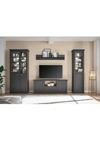 Wohnwand Home Affaire "Lincoln, moderne Anbauwand, Komplettset im Landhausstil", schwarz matt, B:319cm H:200cm T:42cm, FSC-zertifizierter Holzwerkstoff, Kastenm&ouml;bel-Sets, Wohnwand, enth&auml;lt Vitrinen, Lowboard und Wandboard, 319 cm breit