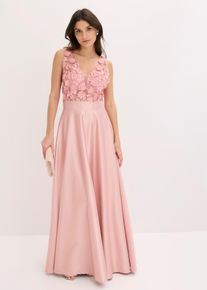 Abendkleid aus gl&auml;nzendem Satin mit Blumen-Applikation, rosa, Gr&ouml;&szlig;e 48, bonprix