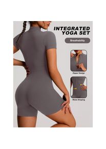 developed 1pc Solid Color Women's Sport Zip-up Stand-up Collar Casual Bodysuit Jumpsuit, Short Sleeves, Zipper Design