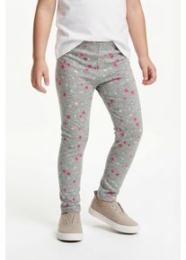 Sweatleggings happy girls, M&auml;dchen, Gr. 128, N-Gr, grau (grau melange), angeraute Sweatware, Obermaterial: 60% Polyester, 35% Baumwolle, 5% Elasthan, bedruckt, skinny fit kn&ouml;chellang, Hosen Sweatleggings, im tollen Sternen-Herzen-Alloverprint