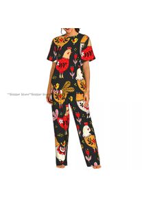 Women's Comfort Pajamas Women's Rooster Hens And Chickens Background Short Sleeve Set Sleepwear