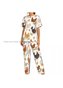 Women's Pajamas Set Cute Roosters Chickens Hens And Plants Short Sleeve Sleepwear 2 Piece Homewear Loungewear