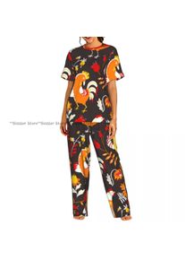 Women's Comfort Pajamas Women's Roosters Cute Ethnic Floral Background Short Sleeve Set Sleepwear
