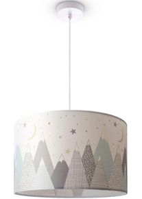 Paco Home Pendelleuchte "Hugo Cosmo", wei&szlig;, &Oslash; 45,5cm H: 27cm, Leuchten, Pendellampe Kinderzimmer n Decke Stoff Lampenschirm Rund Berge Sterne, Pendelleuchte