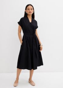 bonprix Ausgestelltes Kaftan-Kleid, schwarz, Gr.46, Ausgestelltes Kleid mit V-Ausschnitt, kurzen &Auml;rmeln, verstellbarem G&uuml;rtel in der Taille und seitlichen Eingrifftaschen, 100% Baumwolle