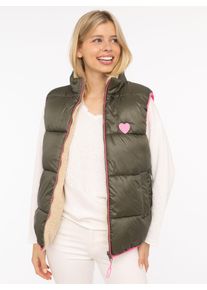 Wendeweste Zwillingsherz "Teddy Wendbar", Damen, Gr. XL, gr&uuml;n (khaki), Steppware, Obermaterial: 100% Polyester, normal h&uuml;ftbedeckend, ohne Ausschnitt, Westen Wendeweste, Neon-Details, Rei&szlig;verschluss, modisch, leicht gl&auml;nzend, Teddypl&uuml;sch