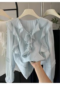 French V-Neck Chic Long Sleeved Blouse Women's Spring Summer Ruffled Casual Top New Design