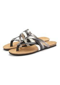 Zehentrenner Lascana "Sommerschuh, offener Schuh, Pantolette, Sandale", Damen, Gr. 42, silber (schwarz, silberfarben), Obermaterial: 100% Rindsleder. Decksohle: 100% Rindsleder. Laufsohle: 100% Synthetik, mehrfarbig, metallic, unifarben, Basic, Schuhe Zehentrenner, aus Leder mit Korkfu&szlig;bett