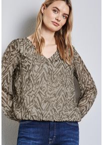 Schlupfbluse Street One, Damen, Gr. 36, beige (honey sand), Chiffon, Obermaterial: 100% Polyester, gemustert, loose fit h&uuml;ftlang, V-Ausschnitt, elastischer Bund, Blusen Schlupfbluse, mit Raffungen
