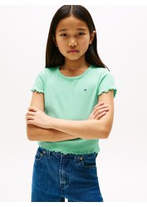T-Shirt Tommy Hilfiger "ESSENTIAL RIB TOP mit Babylock-Kanten und Stickerei", M&auml;dchen, Gr. 16 (176), gr&uuml;n (menthol), Rippware, Obermaterial: 95% Baumwolle, 5% Elasthan, unifarben, normal h&uuml;ftlang, Rundhals, Rollkante, Shirts T-Shirt, unifarben, casual, regular fit, Baumwollmix, Rundhals