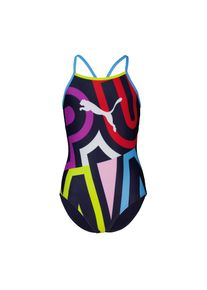 Badeanzug Puma "Puma SWIM GIRLS PLACED PRINT SWIMSUIT", Kinder, Gr. 116, N-Gr, bunt (multi colour), Obermaterial: 82% Polyester, 18% Elasthan, Badeanz&uuml;ge Badeanzug, mit Big-Wording und Logoprint
