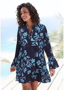 Strandkleid Lascana, Damen, Gr. 44/46, N-Gr, blau (blau, marine bedruckt), Web, Obermaterial: 100% Viskose, bedruckt, figurumspielend ca. Mitte Oberschenkel, Rundhals, Volant, Kleider Strandkleid, mit Blumendruck in weiter Passform, Sommerkleid mit langen &Auml;rmeln